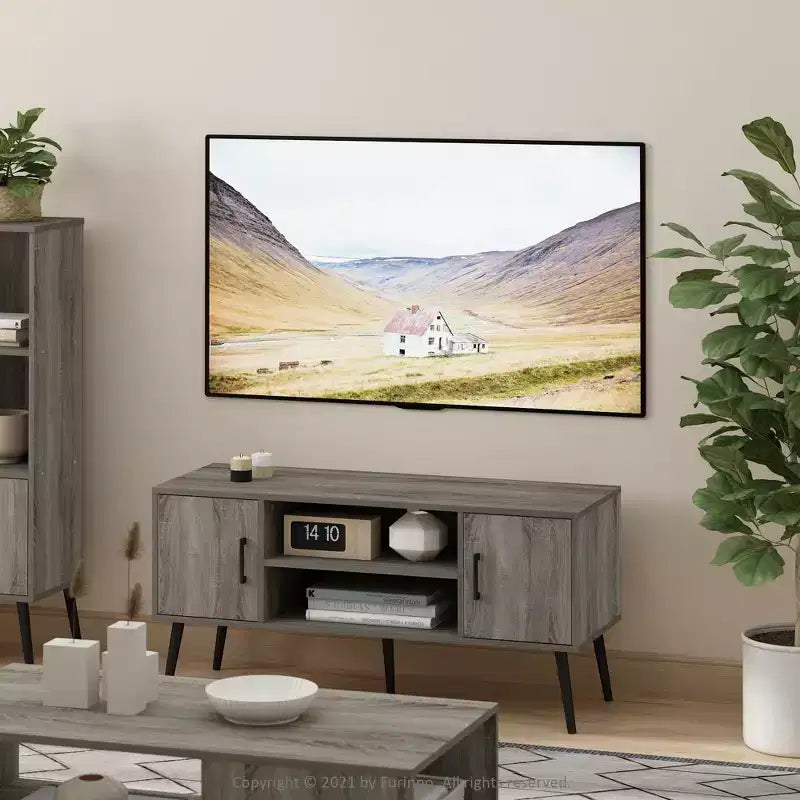 Meuble TV style Mid-Century avec 2 placards et étagères ouvertes pour TV jusqu'à 50", Chêne français gris