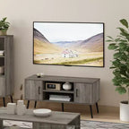 Meuble TV style Mid-Century avec 2 placards et étagères ouvertes pour TV jusqu'à 50", Chêne français gris