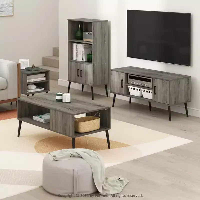 Meuble TV style Mid-Century avec 2 placards et étagères ouvertes pour TV jusqu'à 50", Chêne français gris
