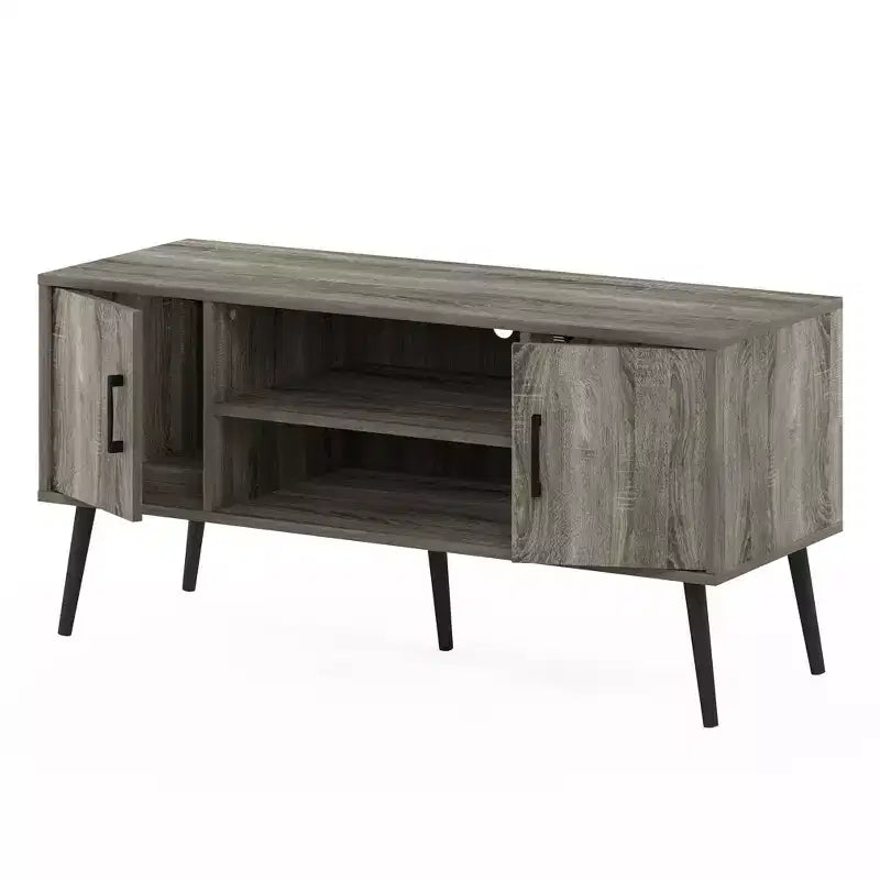 Meuble TV style Mid-Century avec 2 placards et étagères ouvertes pour TV jusqu'à 50", Chêne français gris