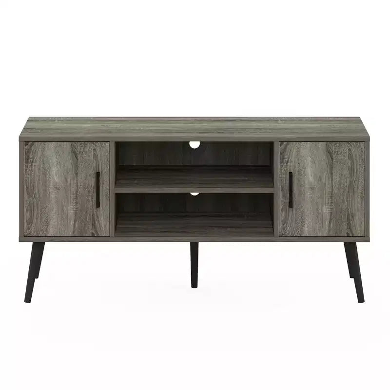 Meuble TV style Mid-Century avec 2 placards et étagères ouvertes pour TV jusqu'à 50", Chêne français gris