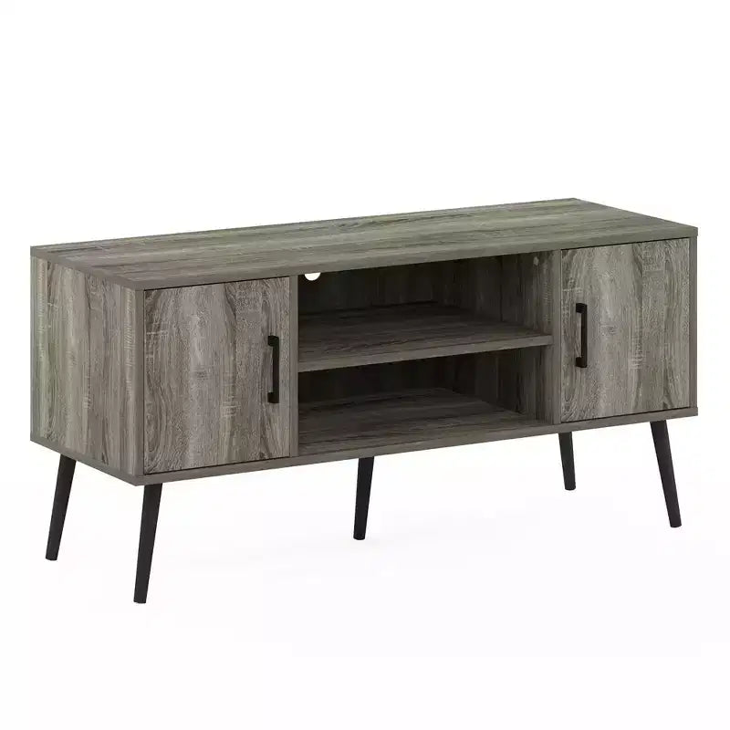 Meuble TV style Mid-Century avec 2 placards et étagères ouvertes pour TV jusqu'à 50", Chêne français gris