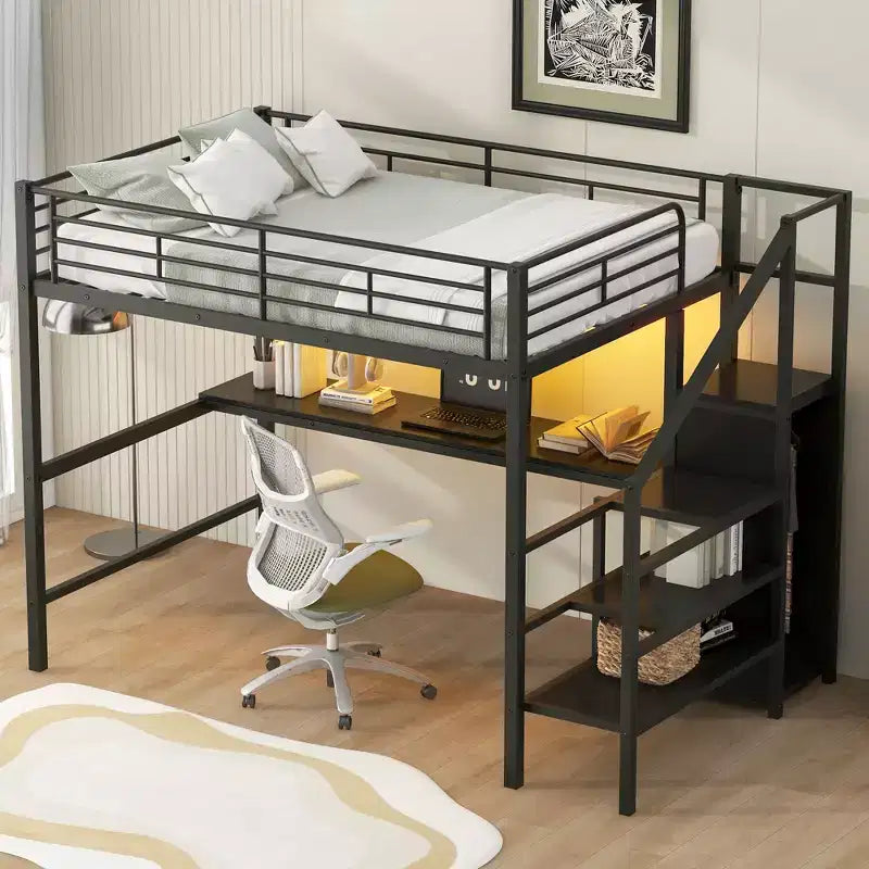 Lit mezzanine en métal pleine taille avec bureau, escalier de rangement et armoire intégrée