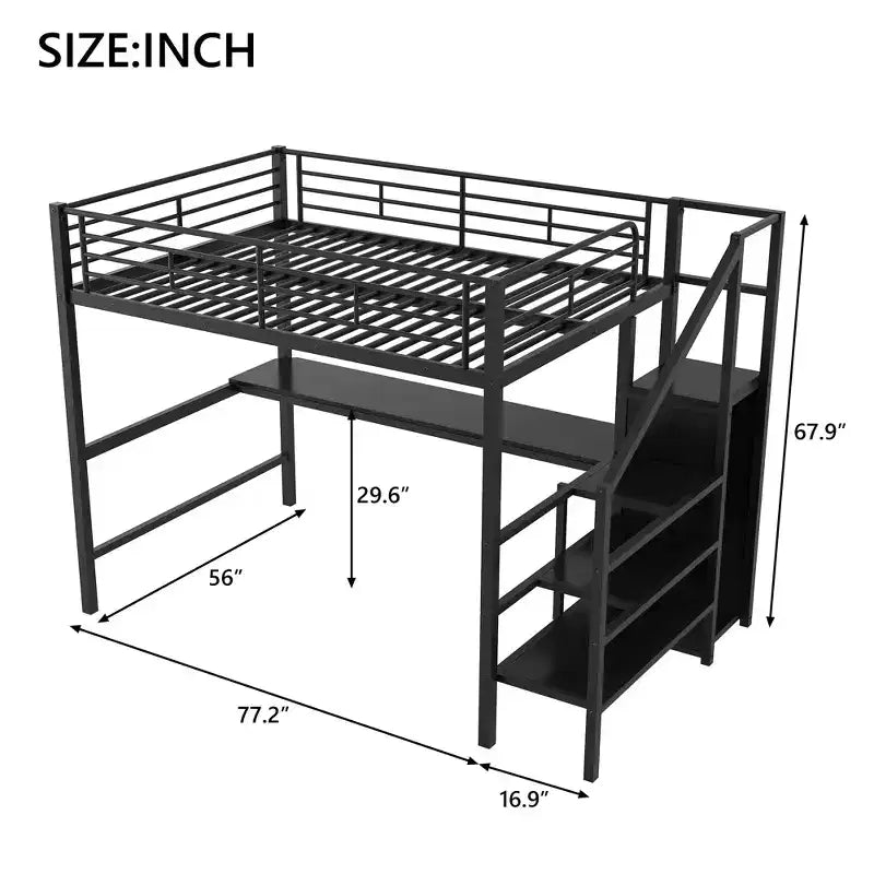 Lit mezzanine en métal pleine taille avec bureau, escalier de rangement et armoire intégrée