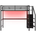 Lit mezzanine en métal pleine taille avec bureau, escalier de rangement et armoire intégrée