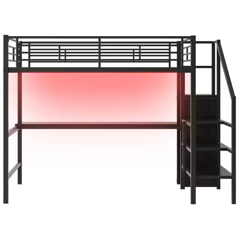 Lit mezzanine en métal pleine taille avec bureau, escalier de rangement et armoire intégrée