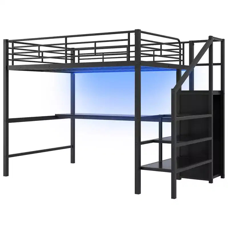 Lit mezzanine en métal pleine taille avec bureau, escalier de rangement et armoire intégrée