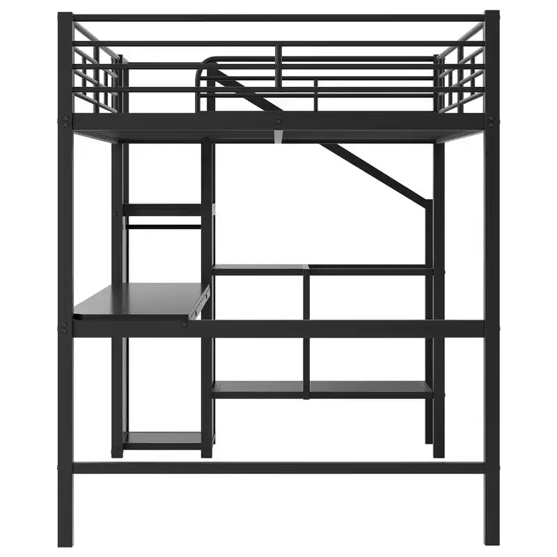 Lit mezzanine en métal pleine taille avec bureau, escalier de rangement et armoire intégrée
