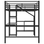 Lit mezzanine en métal pleine taille avec bureau, escalier de rangement et armoire intégrée