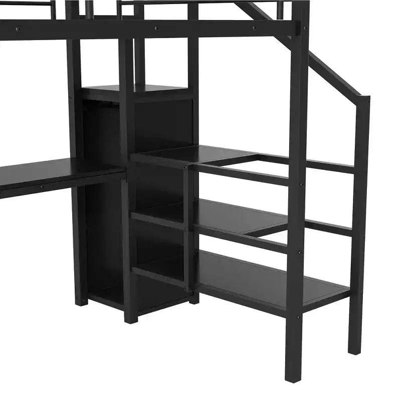 Lit mezzanine en métal pleine taille avec bureau, escalier de rangement et armoire intégrée