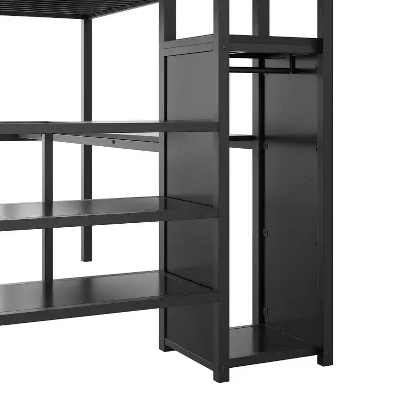 Lit mezzanine en métal pleine taille avec bureau, escalier de rangement et armoire intégrée