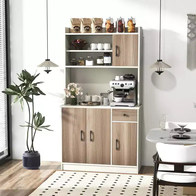 Buffet de cuisine 4 portes de 180 cm avec garde-manger, vaisselier et étagère réglable, blanc