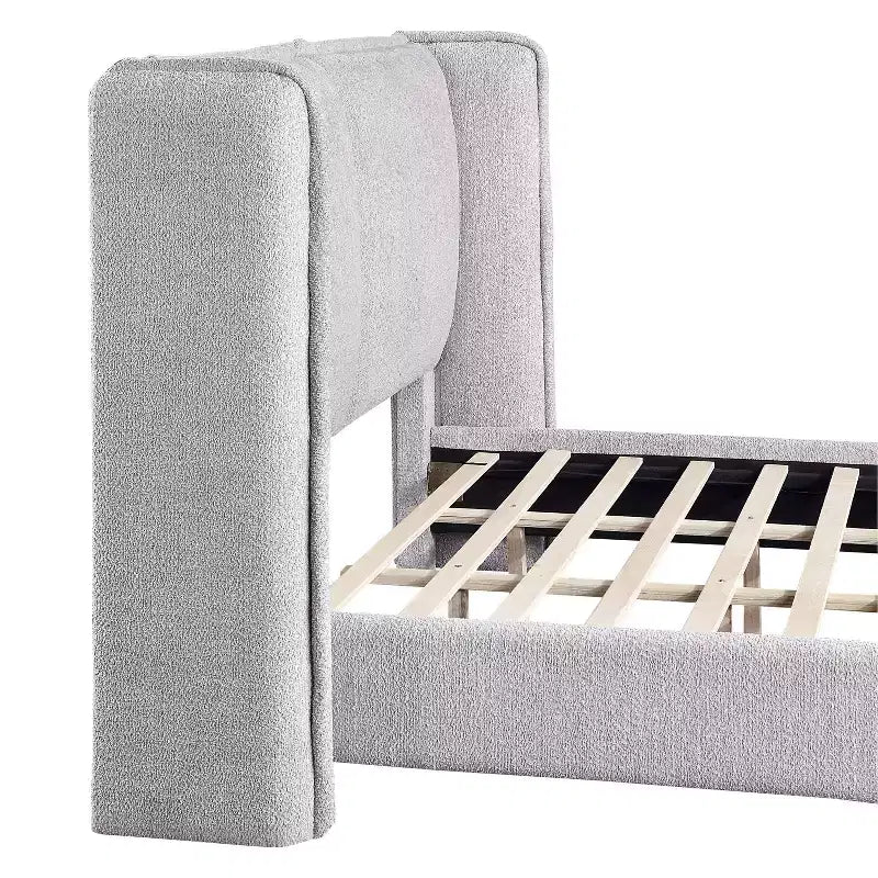 Lit plateforme moderne Queen Size en tissu bouclette avec tête de lit capitonnée à oreilles