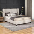 Lit plateforme moderne Queen Size en tissu bouclette avec tête de lit capitonnée à oreilles