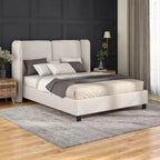 Lit plateforme moderne Queen Size en tissu bouclette avec tête de lit capitonnée à oreilles