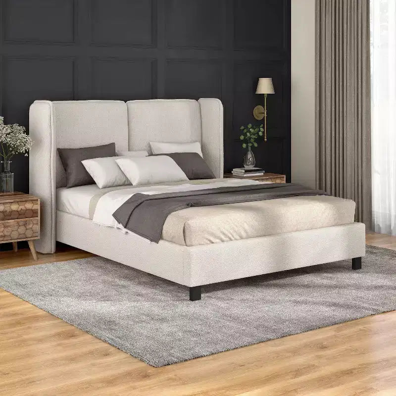 Lit plateforme moderne Queen Size en tissu bouclette avec tête de lit capitonnée à oreilles