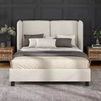 Lit plateforme moderne Queen Size en tissu bouclette avec tête de lit capitonnée à oreilles
