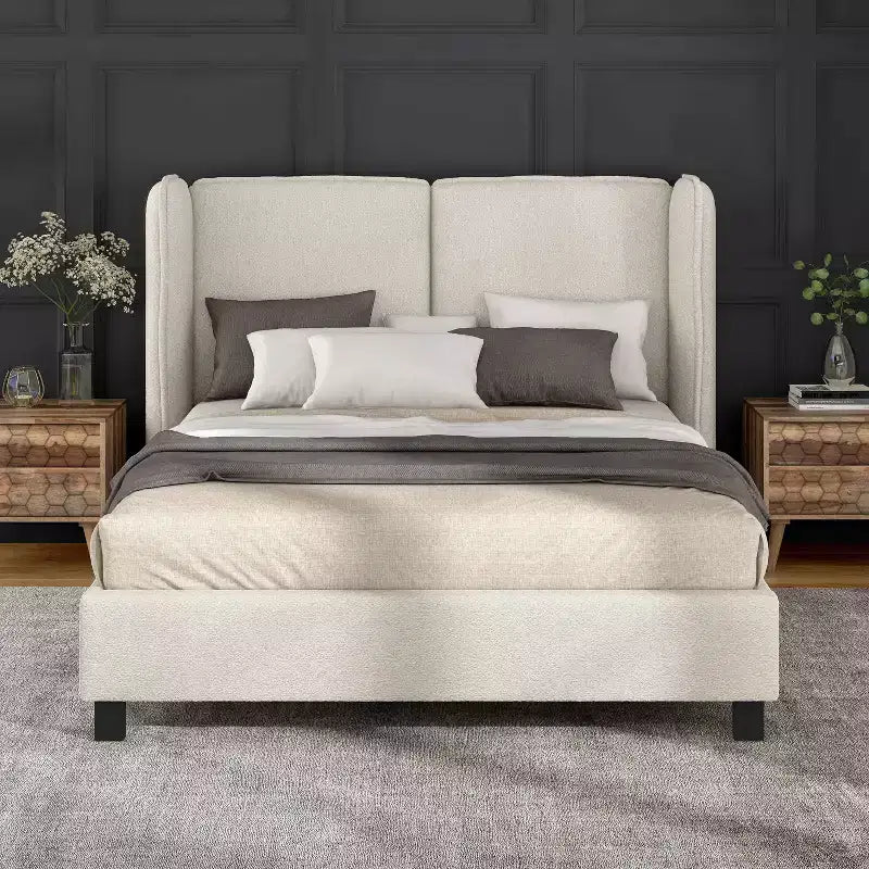 Lit plateforme moderne Queen Size en tissu bouclette avec tête de lit capitonnée à oreilles