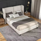 Lit plateforme moderne Queen Size en tissu bouclette avec tête de lit capitonnée à oreilles