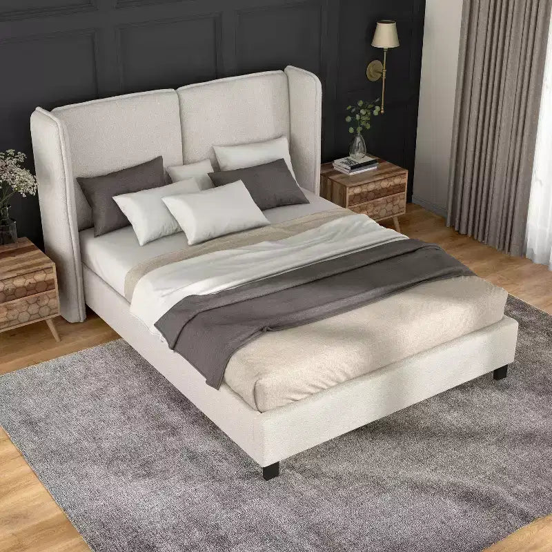 Lit plateforme moderne Queen Size en tissu bouclette avec tête de lit capitonnée à oreilles