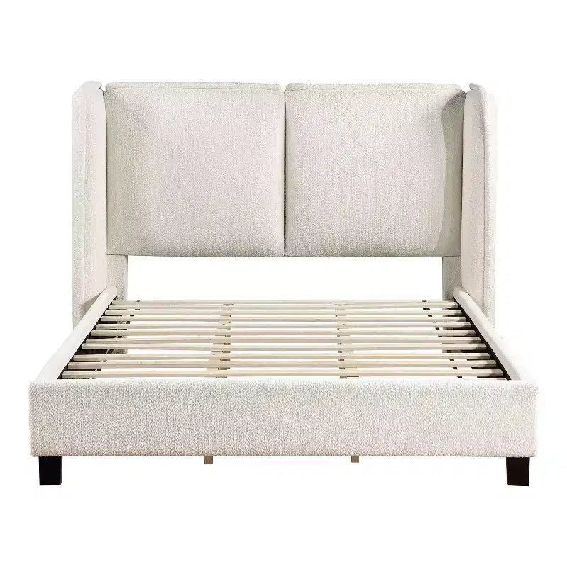 Lit plateforme moderne Queen Size en tissu bouclette avec tête de lit capitonnée à oreilles