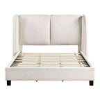 Lit plateforme moderne Queen Size en tissu bouclette avec tête de lit capitonnée à oreilles