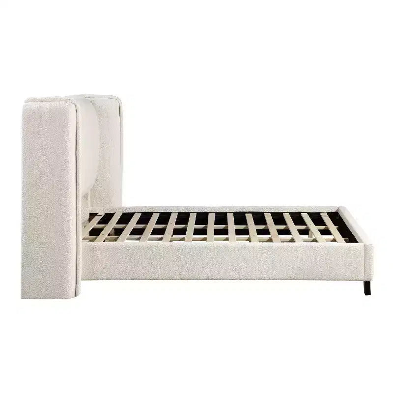 Lit plateforme moderne Queen Size en tissu bouclette avec tête de lit capitonnée à oreilles