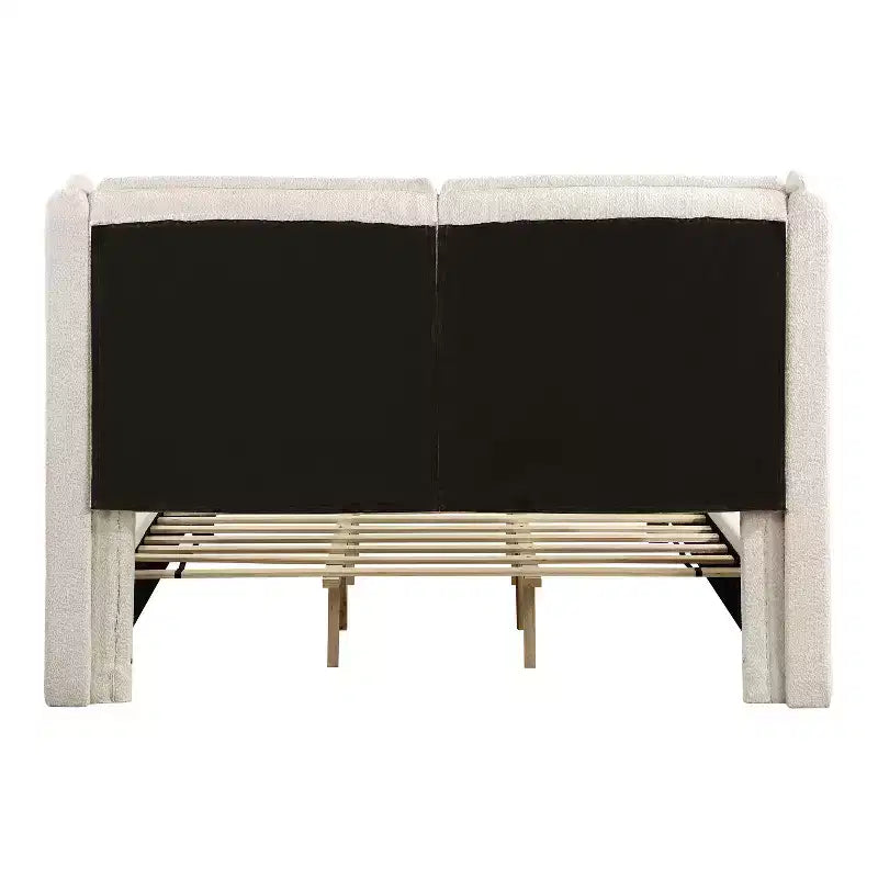 Lit plateforme moderne Queen Size en tissu bouclette avec tête de lit capitonnée à oreilles