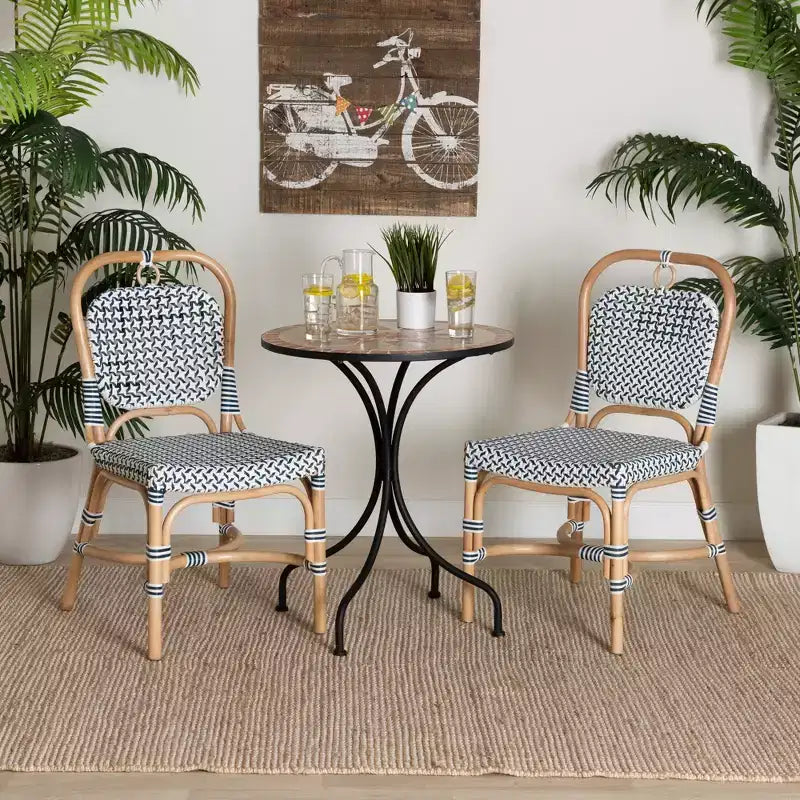 bali & pari Luciana Modern French Blue and White Weaving Natural Rattan Bistro Chair