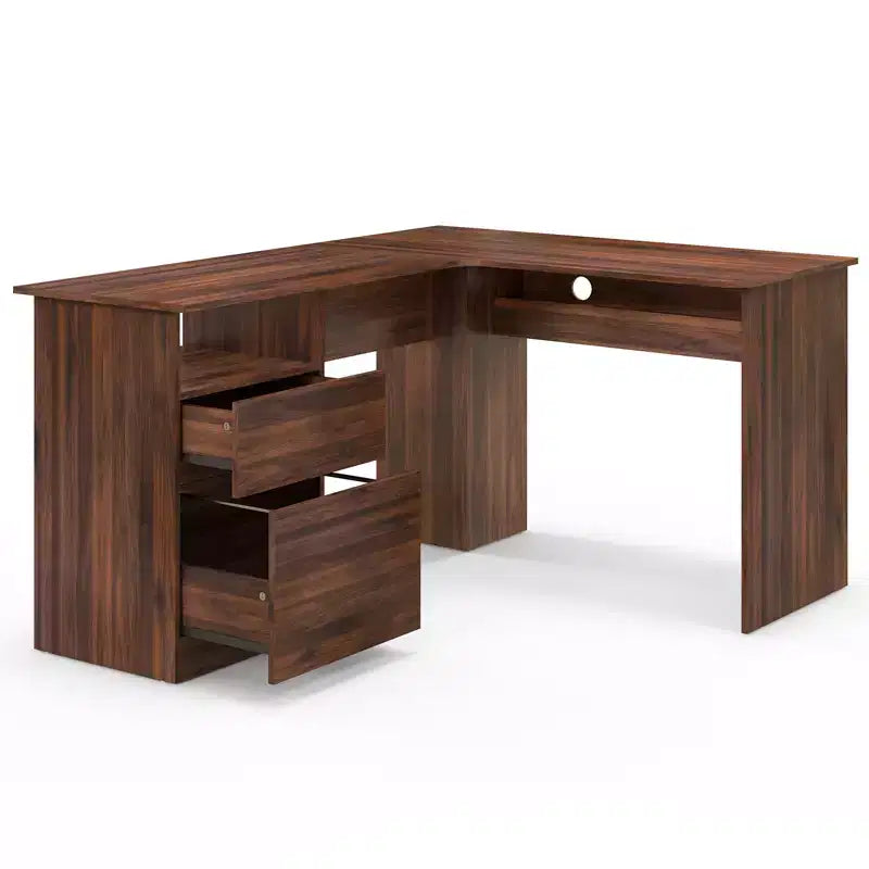 Bureau d'angle en L pour ordinateur 150 cm, compartiment ouvert et gestion des câbles, noyer/blanc