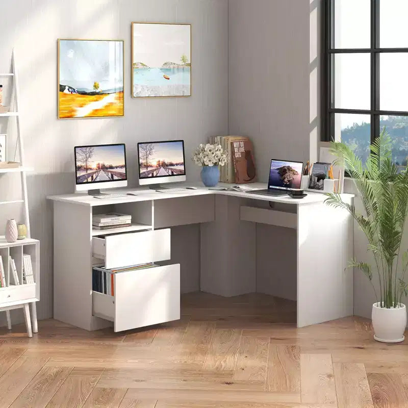 Bureau d'angle en L pour ordinateur 150 cm, compartiment ouvert et gestion des câbles, noyer/blanc