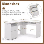 Bureau d'angle en L pour ordinateur 150 cm, compartiment ouvert et gestion des câbles, noyer/blanc