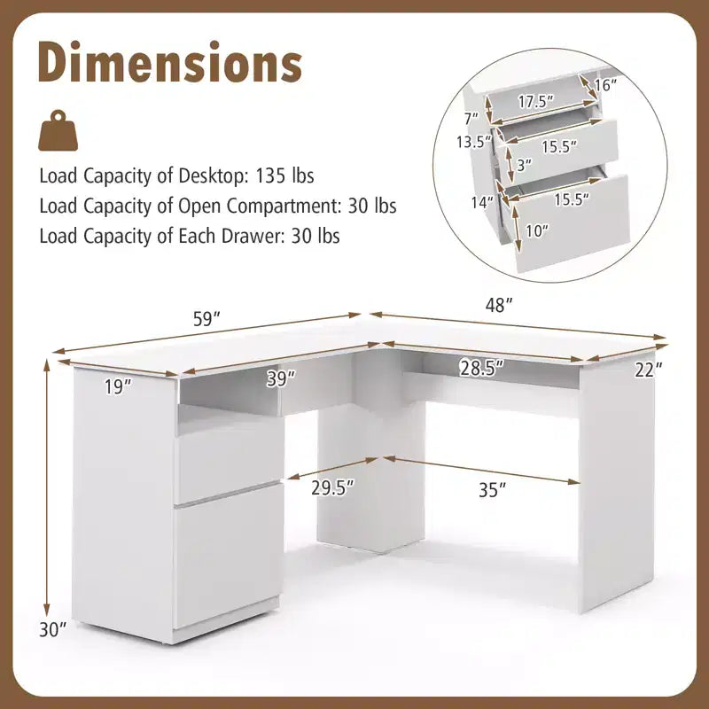 Bureau d'angle en L pour ordinateur 150 cm, compartiment ouvert et gestion des câbles, noyer/blanc