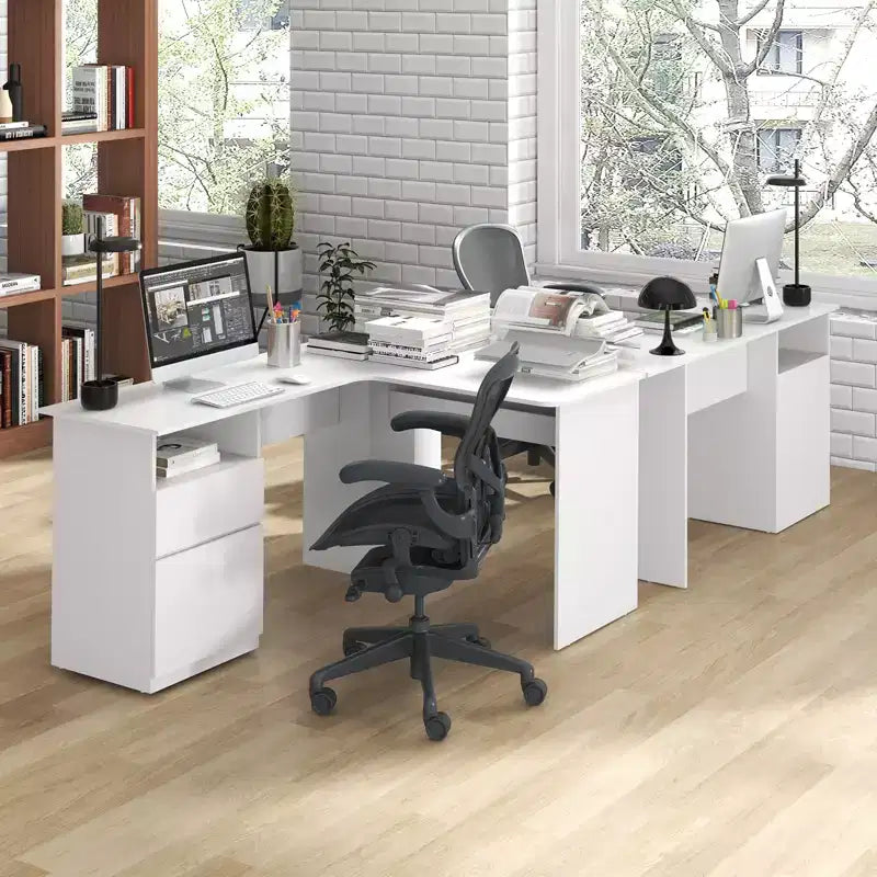 Bureau d'angle en L pour ordinateur 150 cm, compartiment ouvert et gestion des câbles, noyer/blanc