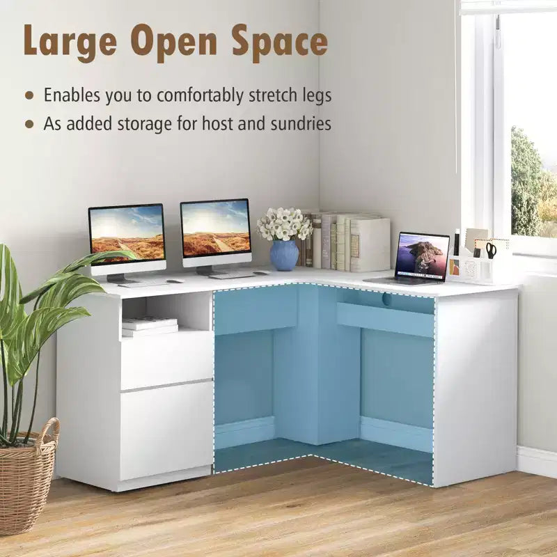 Bureau d'angle en L pour ordinateur 150 cm, compartiment ouvert et gestion des câbles, noyer/blanc