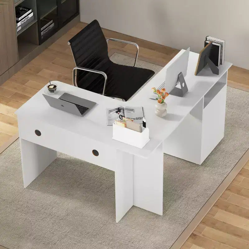 Bureau d'angle en L pour ordinateur 150 cm, compartiment ouvert et gestion des câbles, noyer/blanc