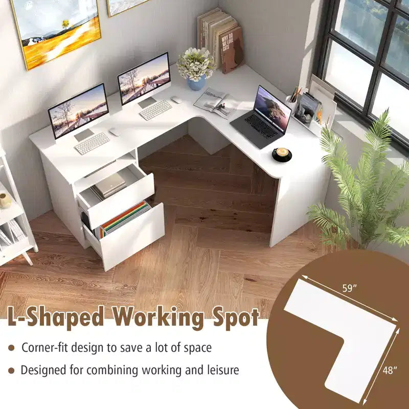 Bureau d'angle en L pour ordinateur 150 cm, compartiment ouvert et gestion des câbles, noyer/blanc