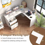 Bureau d'angle en L pour ordinateur 150 cm, compartiment ouvert et gestion des câbles, noyer/blanc