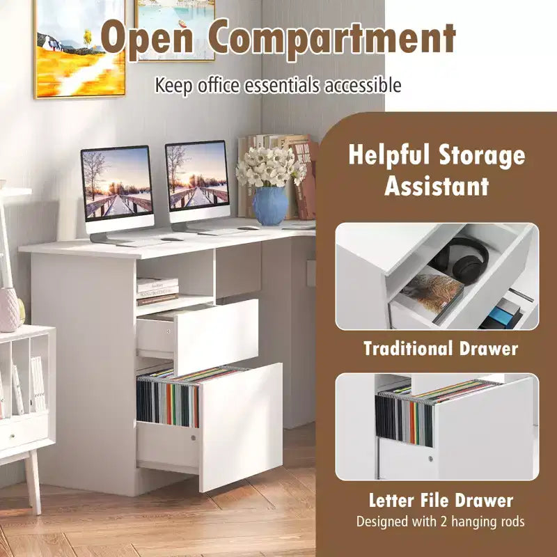 Bureau d'angle en L pour ordinateur 150 cm, compartiment ouvert et gestion des câbles, noyer/blanc
