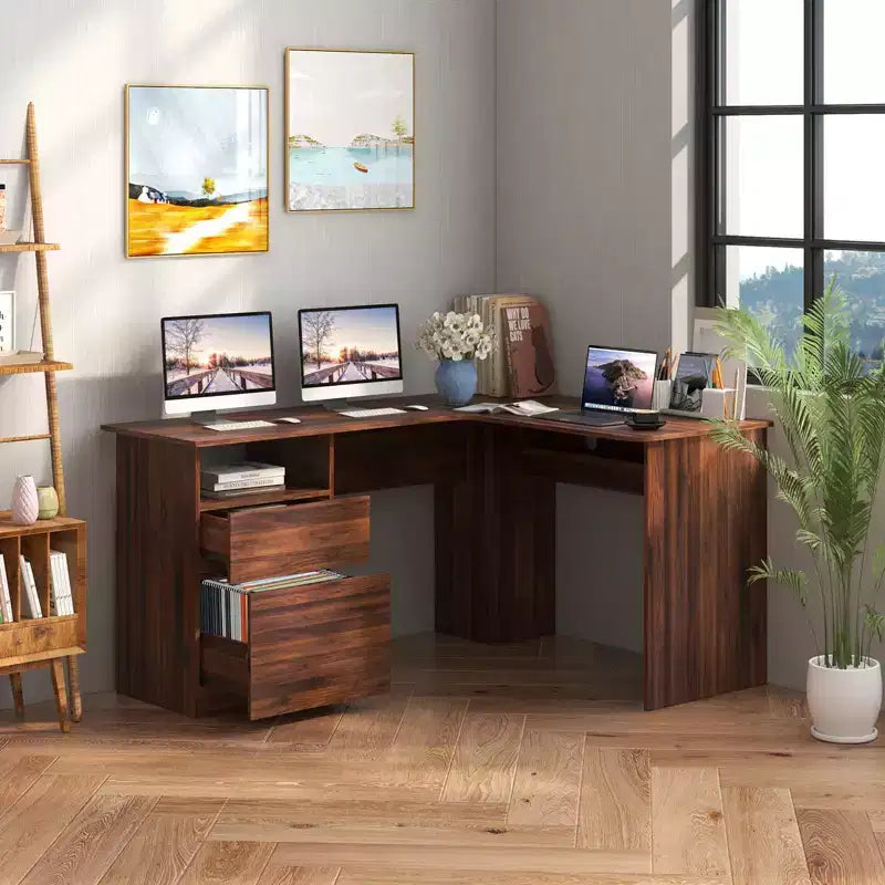 Bureau d'angle en L pour ordinateur 150 cm, compartiment ouvert et gestion des câbles, noyer/blanc