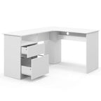 Bureau d'angle en L pour ordinateur 150 cm, compartiment ouvert et gestion des câbles, noyer/blanc