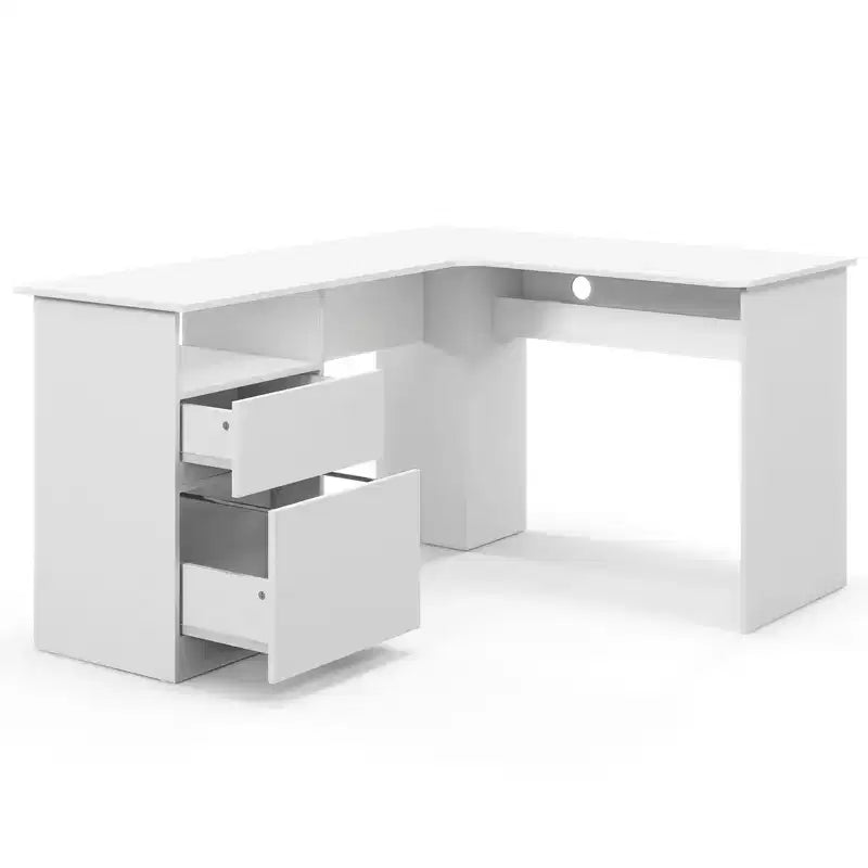 Bureau d'angle en L pour ordinateur 150 cm, compartiment ouvert et gestion des câbles, noyer/blanc