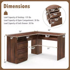 Bureau d'angle en L pour ordinateur 150 cm, compartiment ouvert et gestion des câbles, noyer/blanc