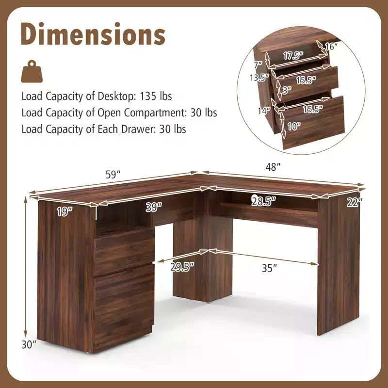 Bureau d'angle en L pour ordinateur 150 cm, compartiment ouvert et gestion des câbles, noyer/blanc