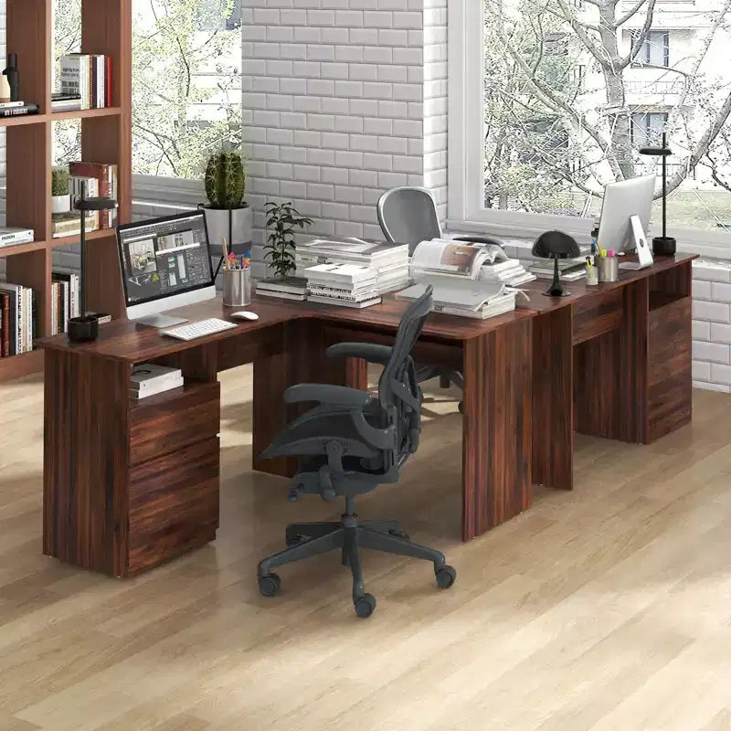 Bureau d'angle en L pour ordinateur 150 cm, compartiment ouvert et gestion des câbles, noyer/blanc