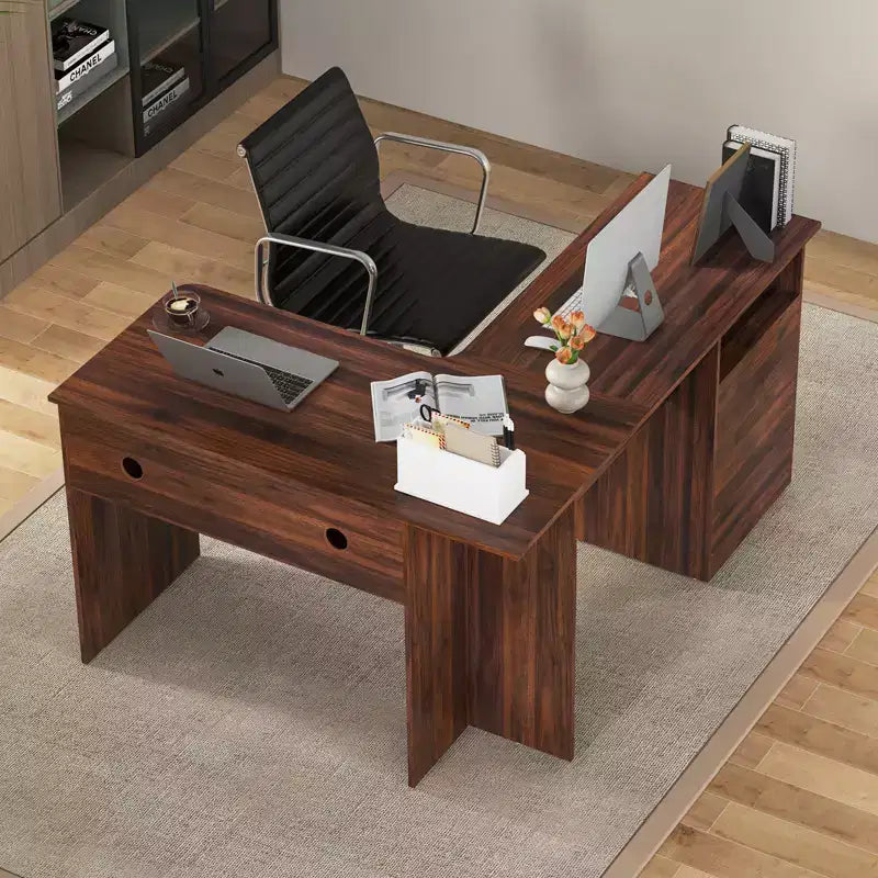 Bureau d'angle en L pour ordinateur 150 cm, compartiment ouvert et gestion des câbles, noyer/blanc