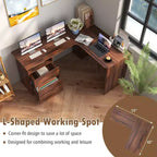 Bureau d'angle en L pour ordinateur 150 cm, compartiment ouvert et gestion des câbles, noyer/blanc