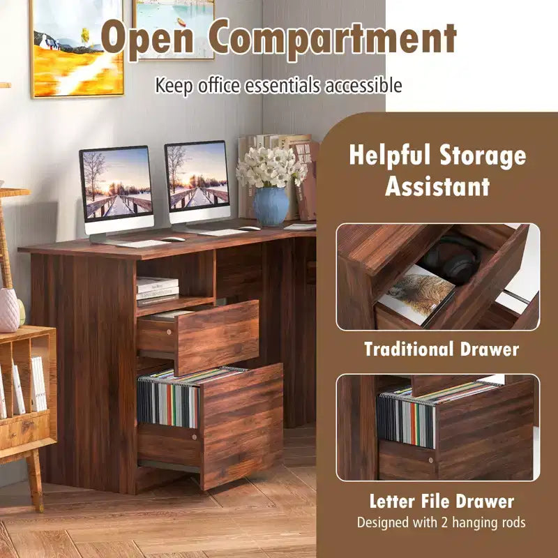 Bureau d'angle en L pour ordinateur 150 cm, compartiment ouvert et gestion des câbles, noyer/blanc