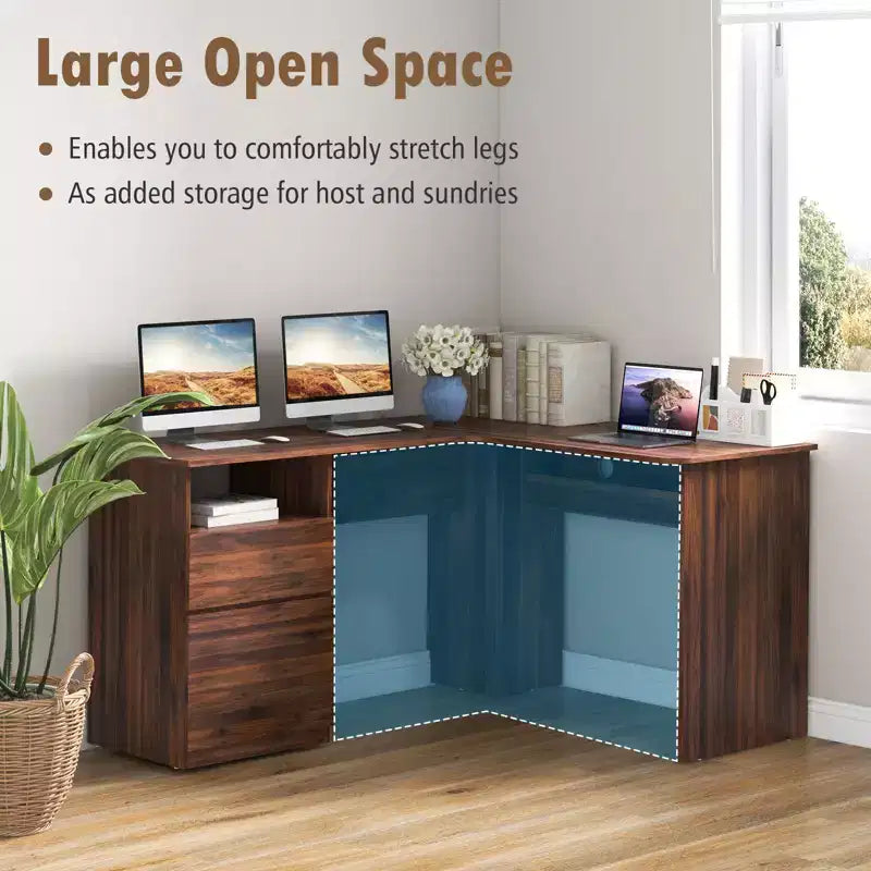Bureau d'angle en L pour ordinateur 150 cm, compartiment ouvert et gestion des câbles, noyer/blanc