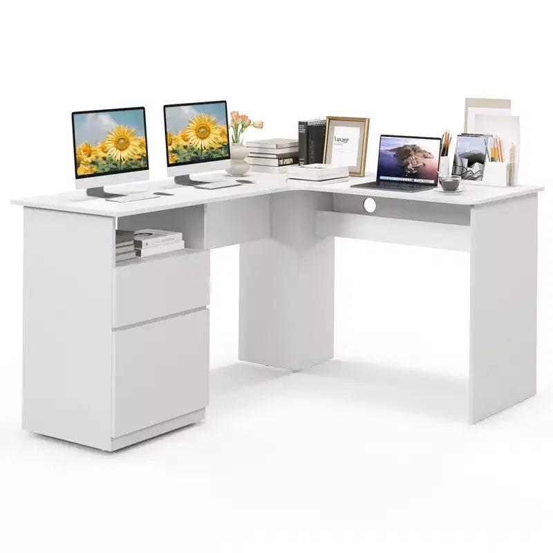 Bureau d'angle en L pour ordinateur 150 cm, compartiment ouvert et gestion des câbles, noyer/blanc